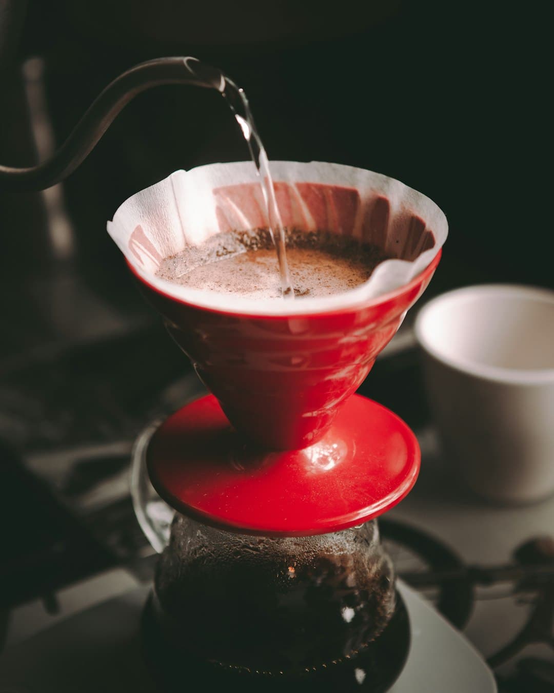 A V60 pourover mid-bloom, steam rising in the morning light.