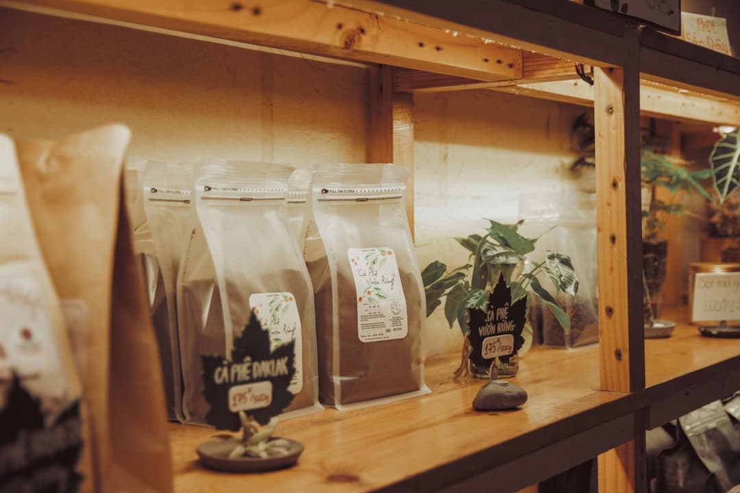 Bags of beans on a dark shelf — the bridge between day and night.